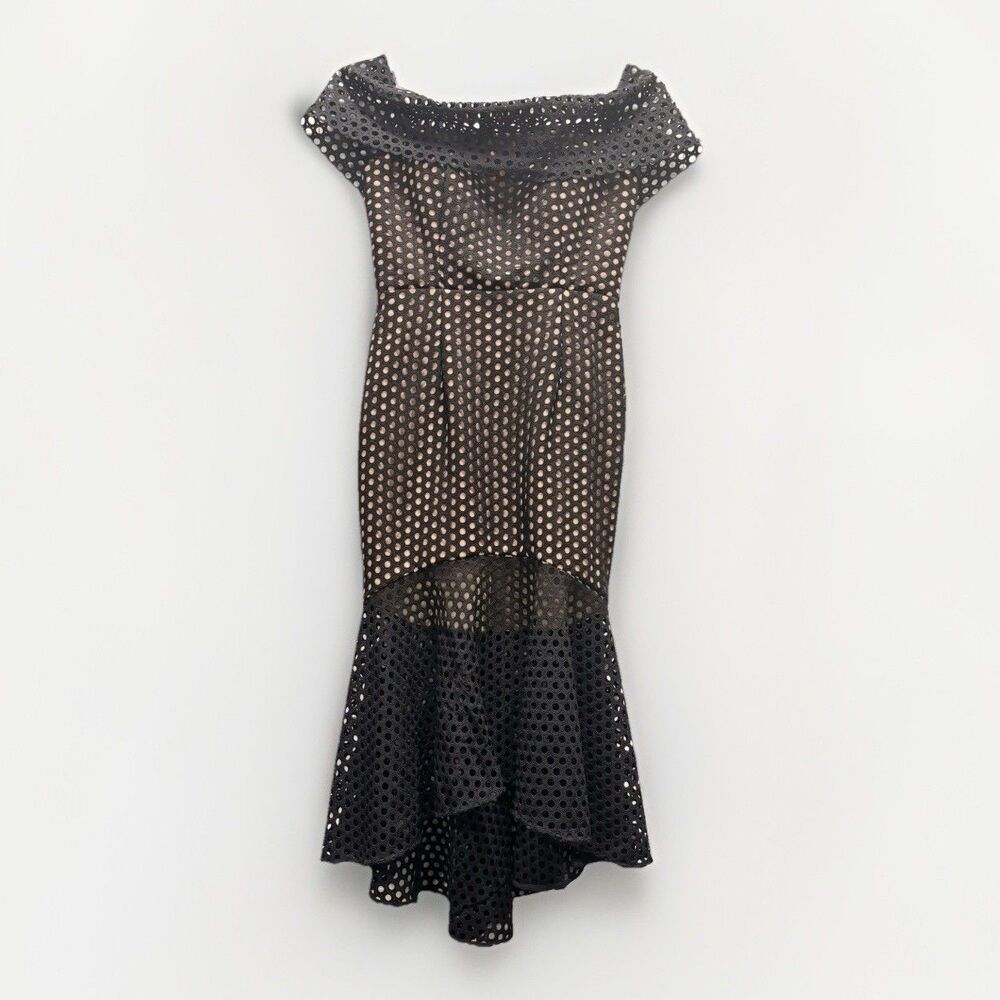 JARLO Black Eyelet Sheer SZ 8 Off-Shoulder Ruffled Trumpet Dress Party Cocktail - Picture 2 of 6